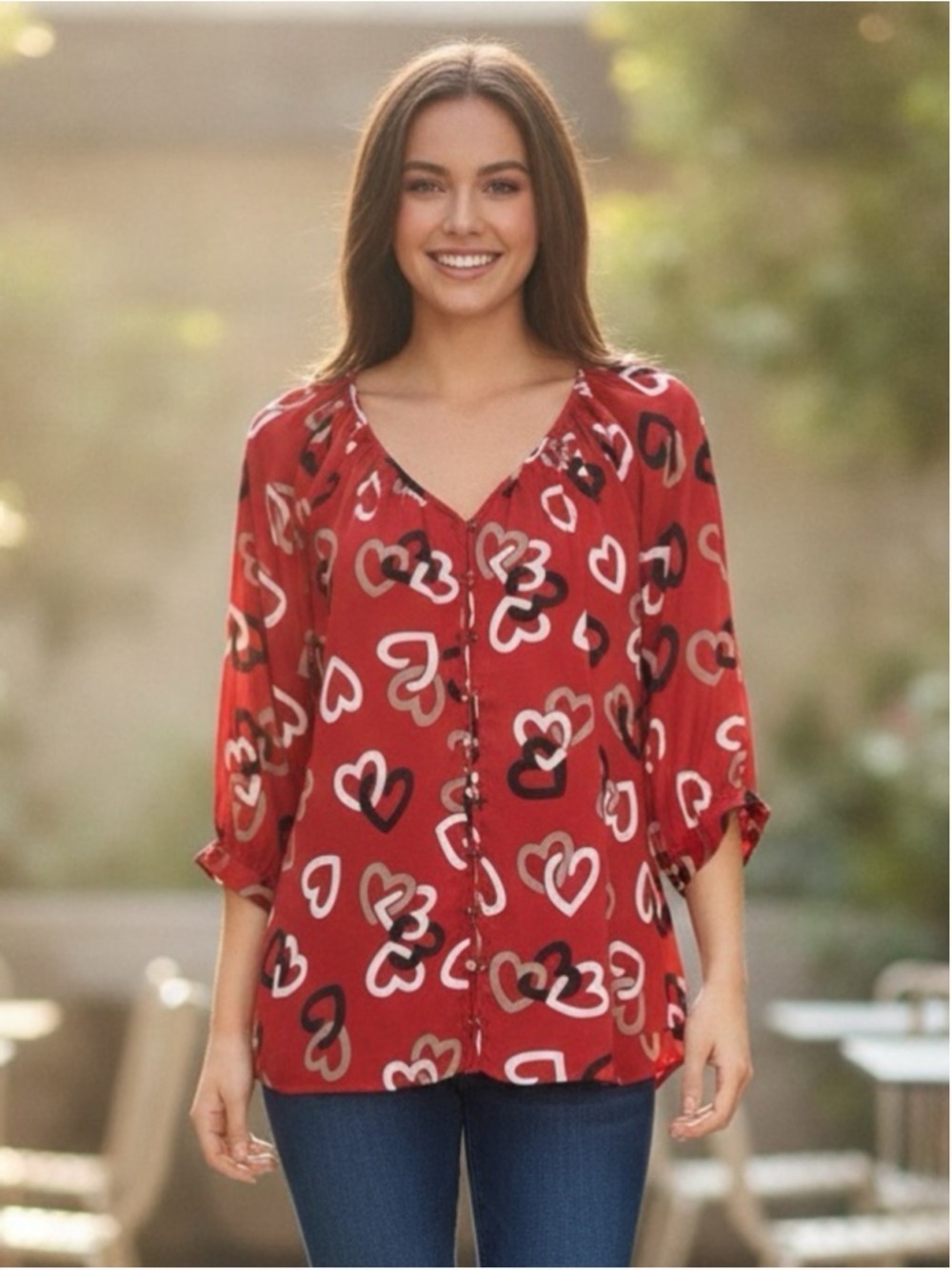 New Ellen Tracy Red Heart Print Button Front Blouse Medium Romantic Boho Top